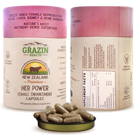 GRAZIN HEALTH Her Power bottle front highlights grass-fed NZ sourcing for daily nutrient intake.