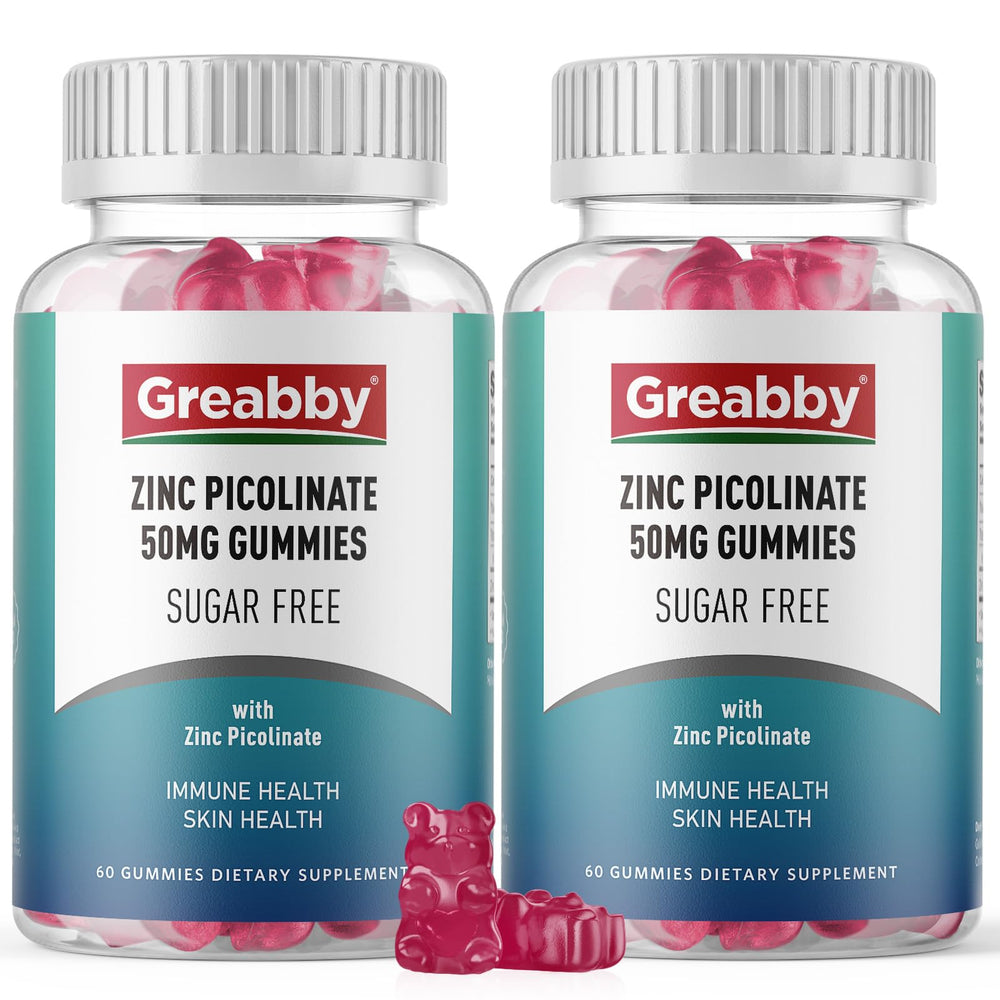 GREABBY zinc-picolinate gummies bottle front; vegan and sugar-free daily support.