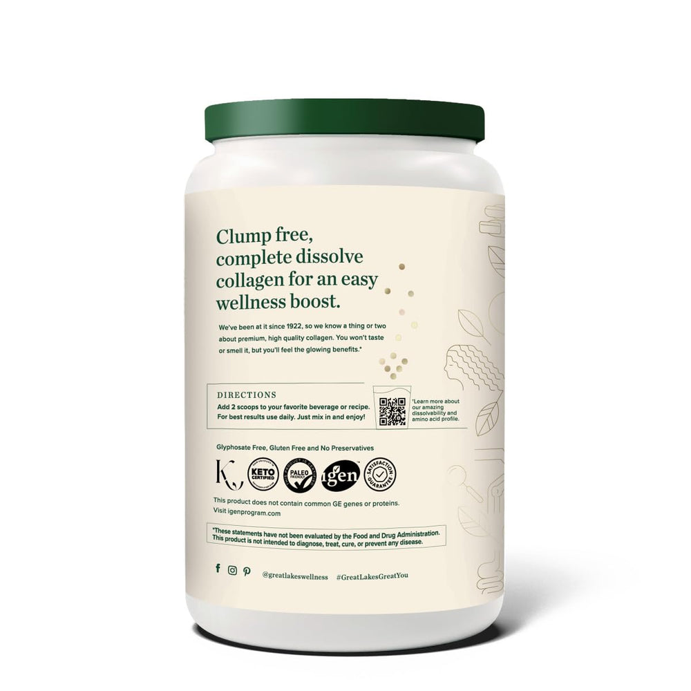 Great Lakes Wellness bovine collagen powder label close-up highlighting non-GMO formula.