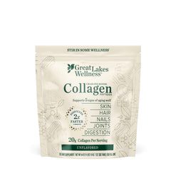 Great Lakes Wellness Collagen Peptides powder being poured for quick daily use in beverages.