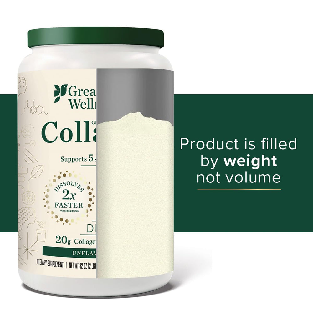 Great Lakes Wellness collagen powder jar in kitchen setting blends into beverages.