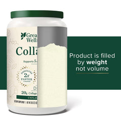 Great Lakes Wellness collagen powder jar in kitchen setting blends into beverages.