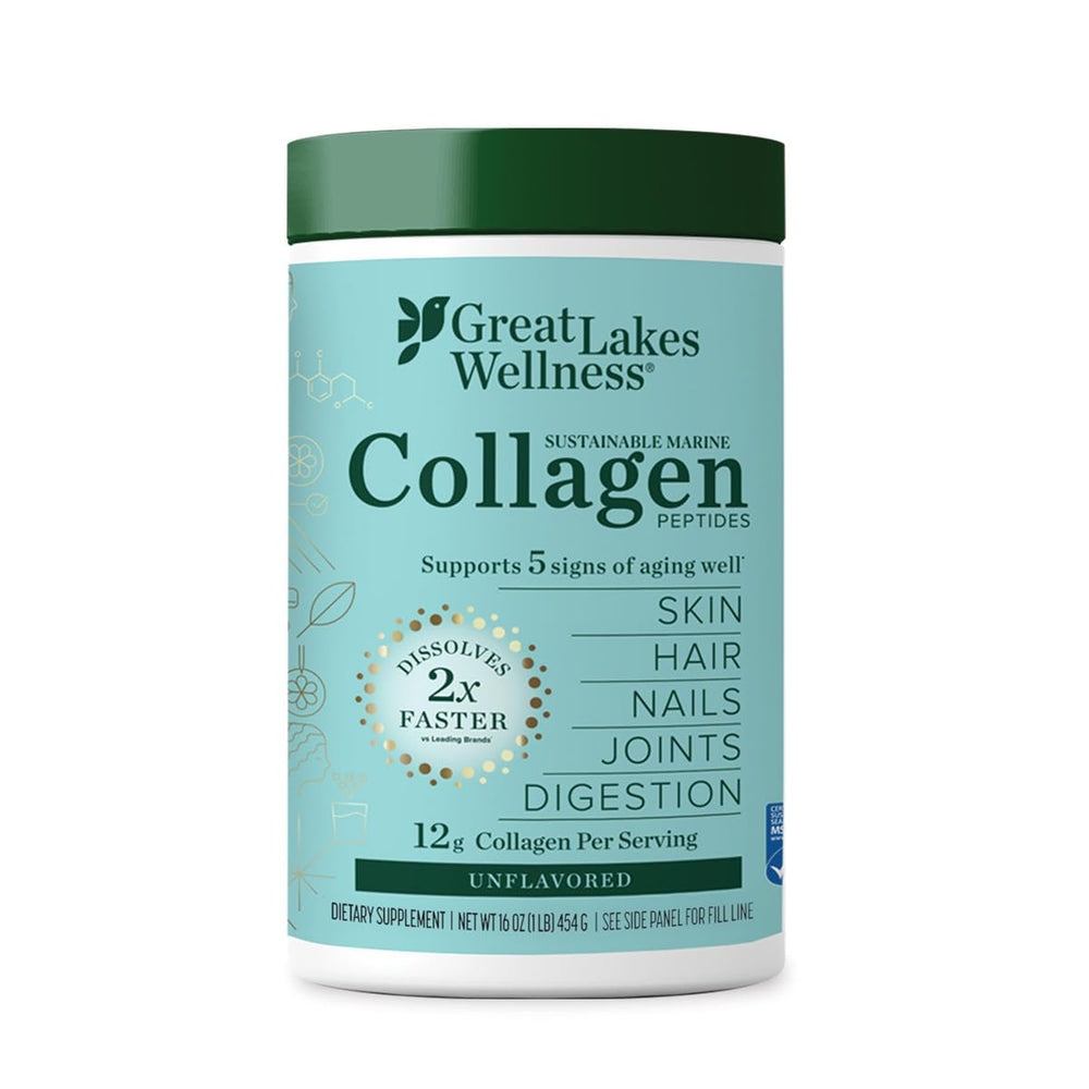 Great Lakes Wellness marine collagen powder dissolves rapidly in hot or cold beverages