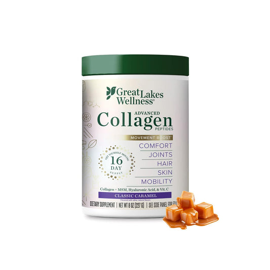 Great Lakes Wellness Movement Boost bottle front with caramel flavor for potential joint support.