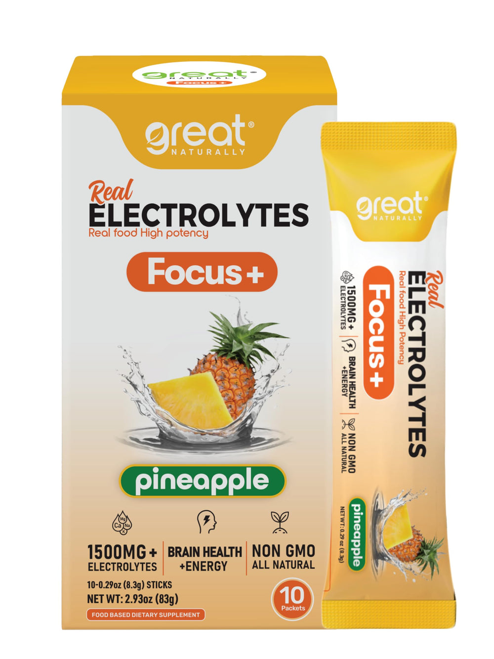 Great Naturally Focus+ bottle close-up showing electrolyte blend for hydration