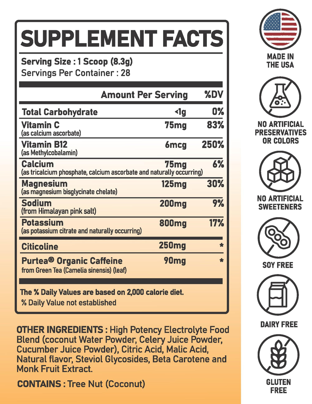 Great Naturally Focus+ Orange bottle label detail highlighting clean ingredients.