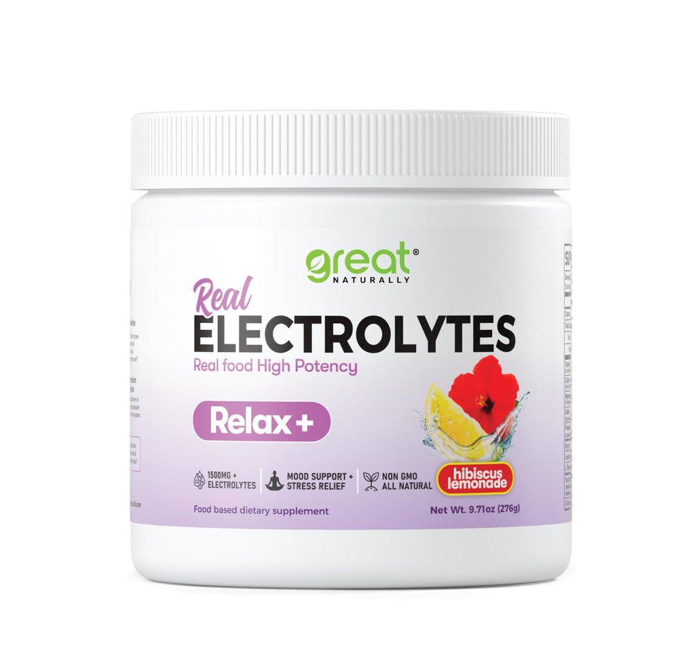 Great Naturally Relax+ bottle closeup promotes calm hydration for busy days.