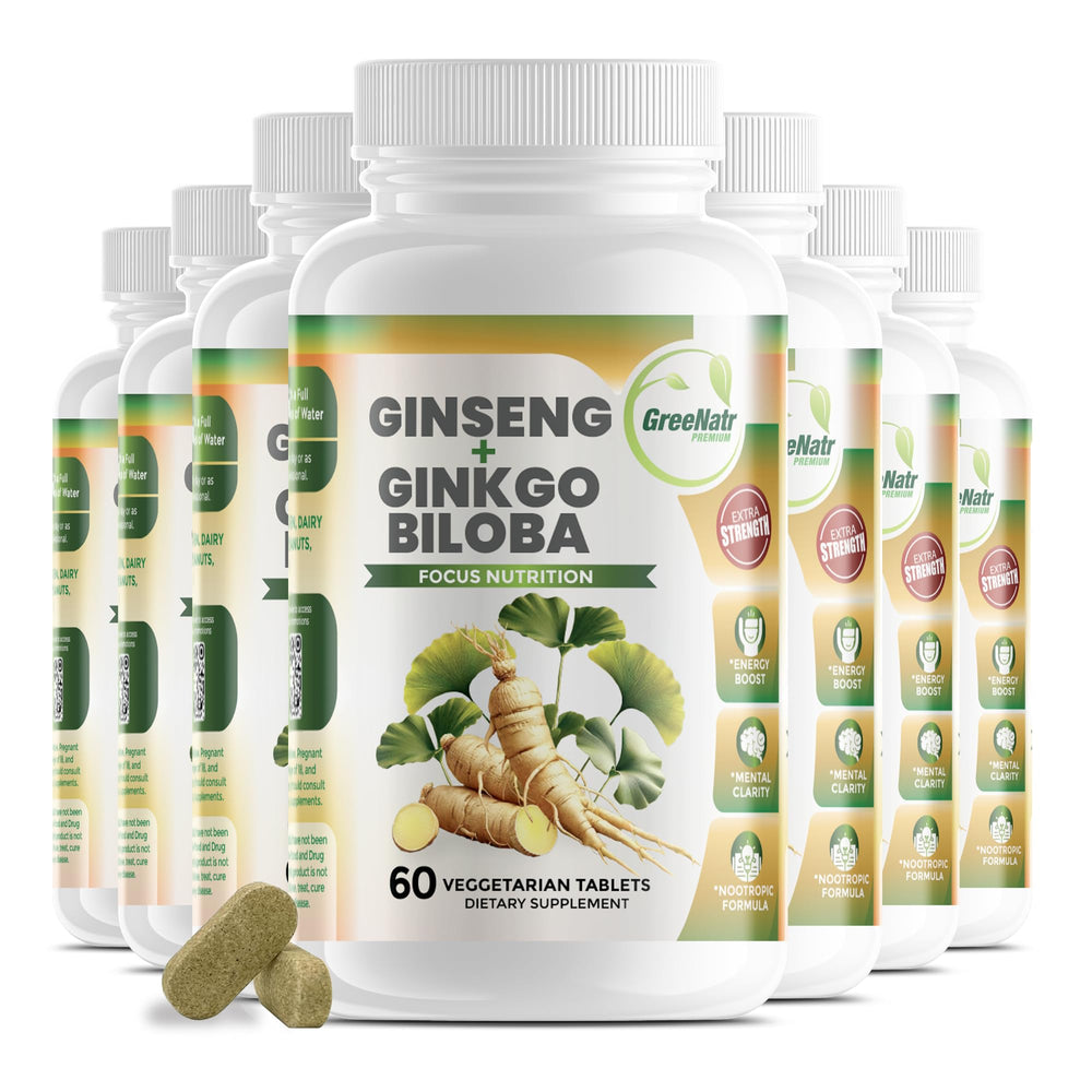 GreeNatr Ginko Biloba & Panax Ginseng bottle front promotes mental focus for busy mornings