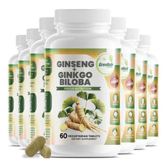GreeNatr Ginko Biloba & Panax Ginseng bottle front promotes mental focus for busy mornings
