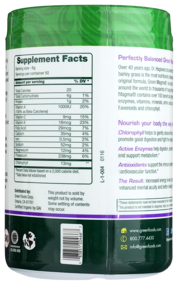 Green Foods Green Magma label highlights organic, non-GMO formula grown without pesticides.