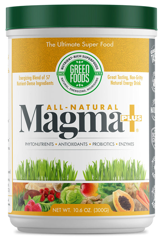 Green Foods Magma Plus Powder tub front, ready for daily nutrition boost