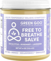 Green Goo Free To Breathe chest rub jar showcases natural ingredients for congestion relief.