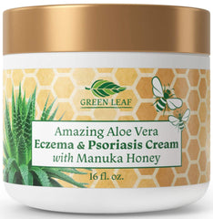 Green Leaf Naturals Manuka Honey Eczema Cream bottle pour for deep hydration.