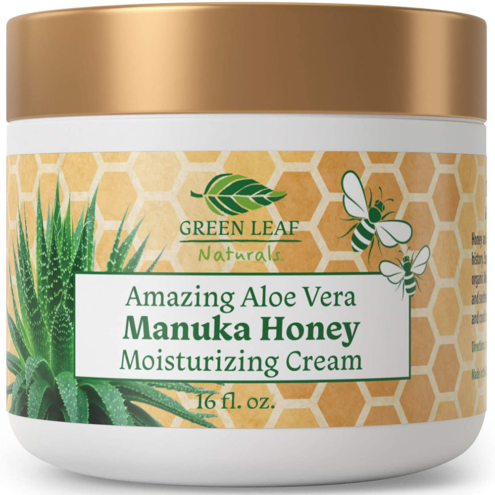 Green Leaf Naturals Manuka Honey Eczema Cream jar highlighting rich hydration for irritated skin.