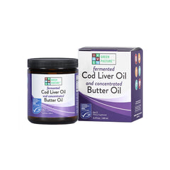 Green Pasture butter oil cod liver blend in a jar, convenient daily supplement option.