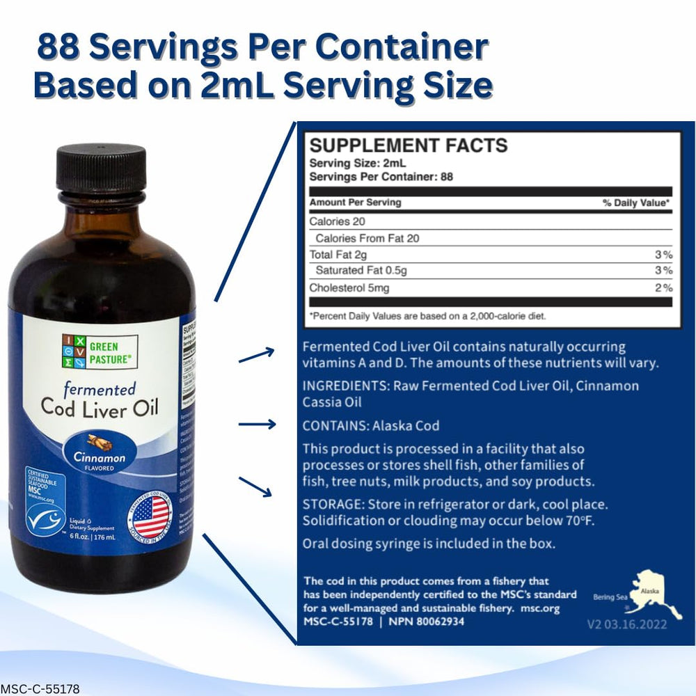 Green Pasture fermented cod liver liquid label detail highlights MSC sustainability