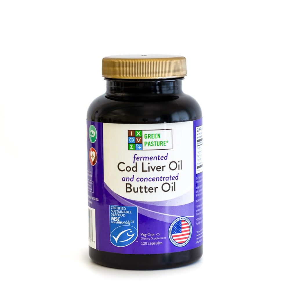 Green Pasture bottle of the fermented cod liver oil and butter oil blend for daily omega-3-6-9 nutrition.
