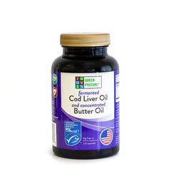 Green Pasture bottle of the fermented cod liver oil and butter oil blend for daily omega-3-6-9 nutrition.