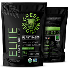 Green Regimen Elite chocolate protein powder tub for active lifestyles