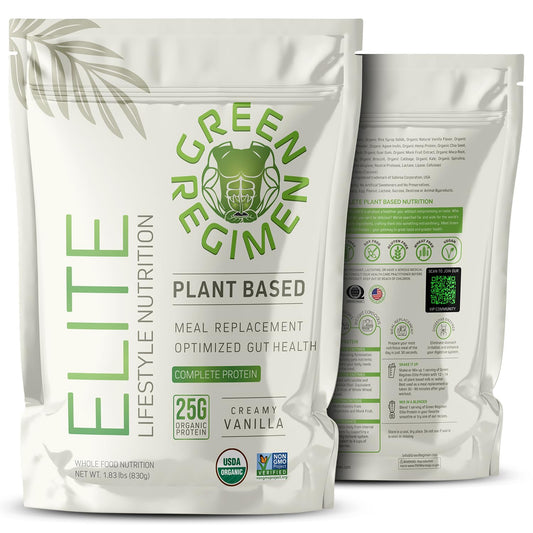 Green Regimen Elite vanilla protein bottle showing complete plant-based protein