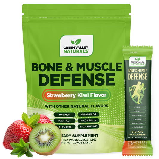 Green Valley Naturals Bone & Muscle Defense front view stick-pack for on-the-go support.