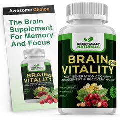 Green Valley Naturals Brain Vitality Plus bottle on a desk for daily cognitive support
