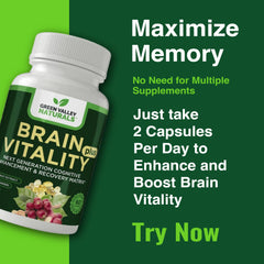Open Brain Vitality Plus bottle showing softgels for daily use