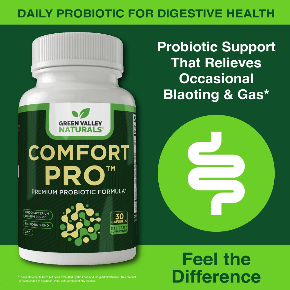 Close-up of ComfortPro capsules showing gentle daily probiotic support.