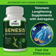 Green Valley Naturals Genesis CoQ10 capsules supporting cellular energy for daily activity.