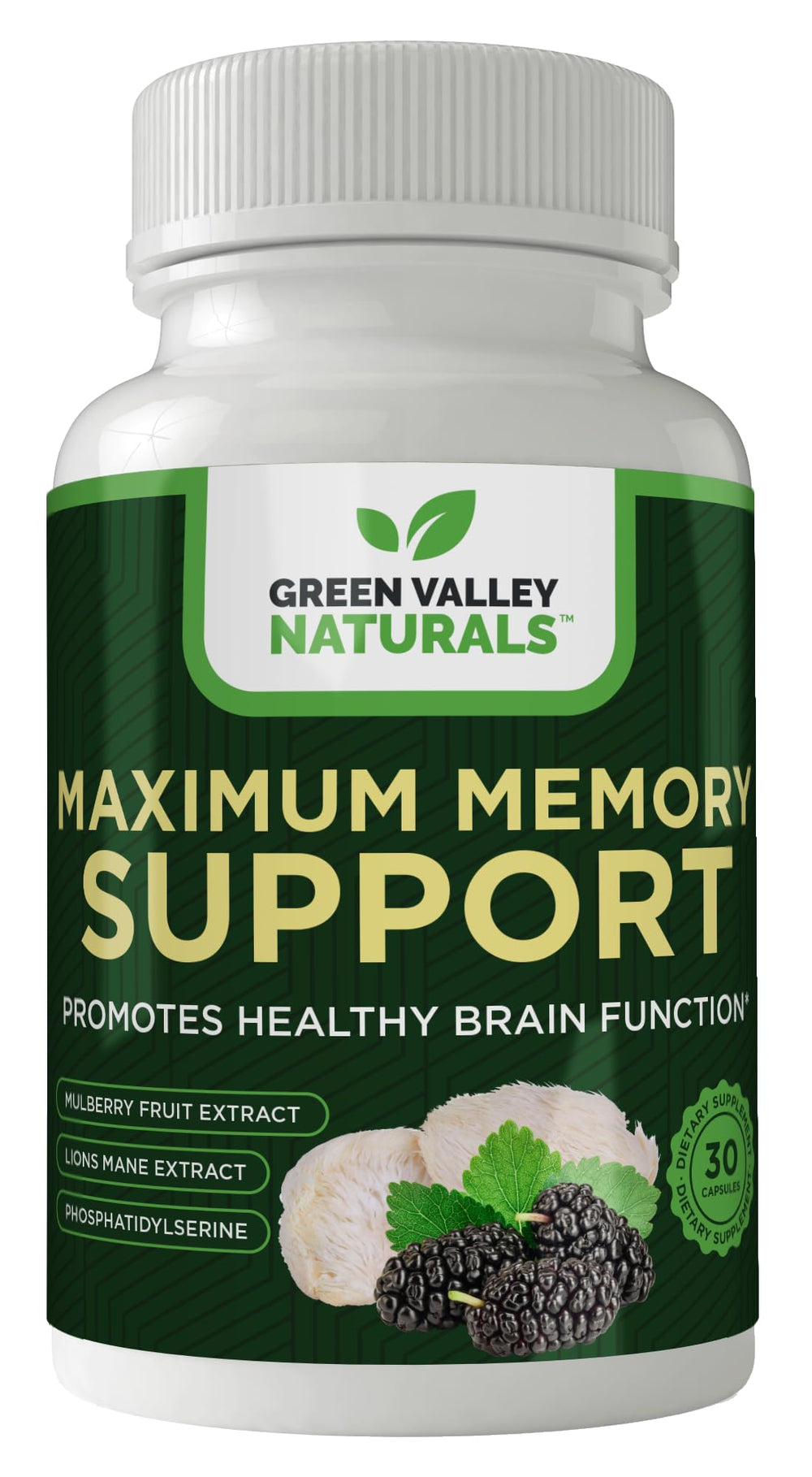 Green Valley Naturals Maximum Memory Support bottle ready for daily cognitive support.