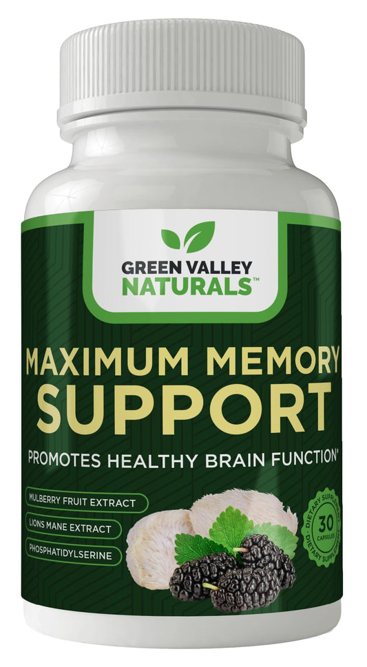 Green Valley Naturals Maximum Memory Support bottle ready for daily cognitive support.