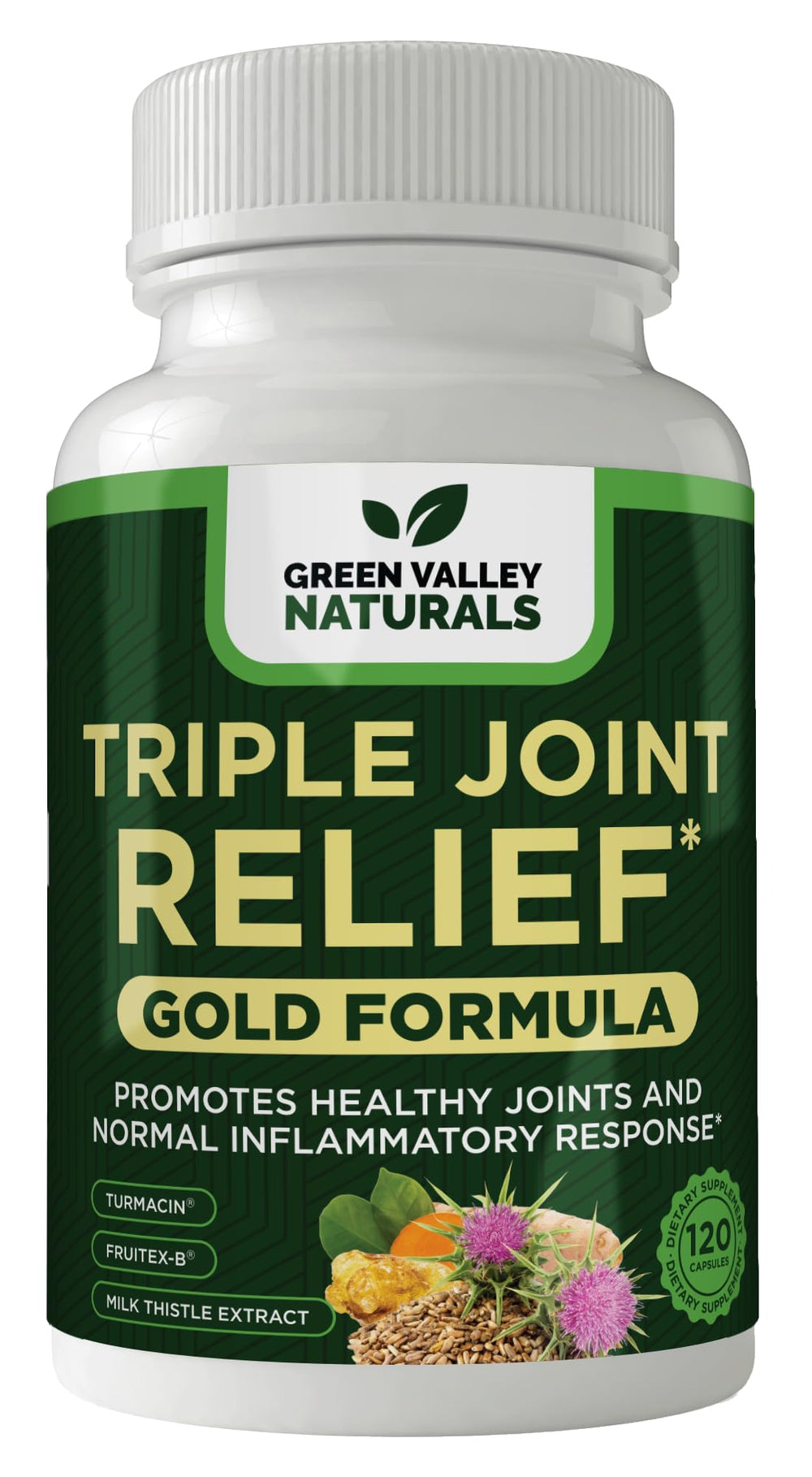 Green Valley Naturals Triple Joint Relief Gold bottle front for daily mobility support.