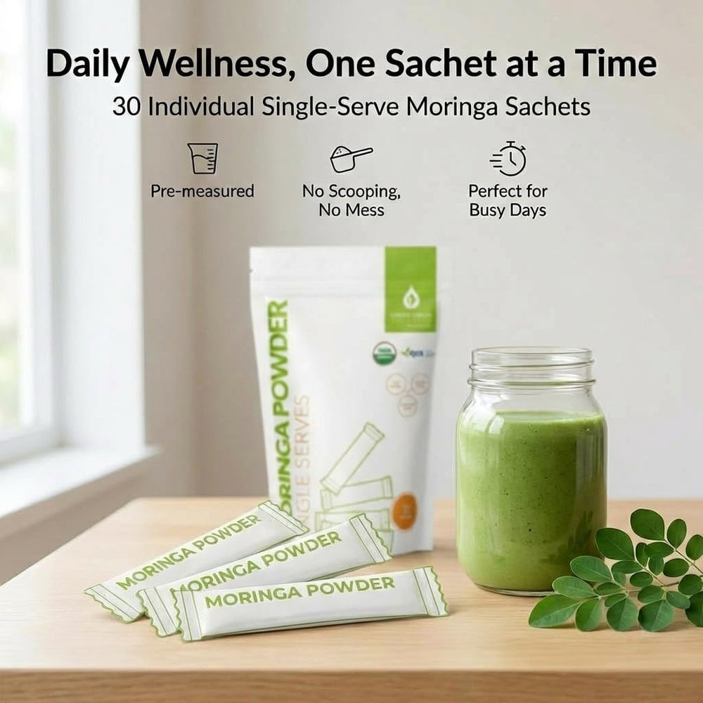 Green Virgin Moringa powder single-serve packets for easy daily use.