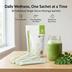 Green Virgin Moringa powder single-serve packets for easy daily use.