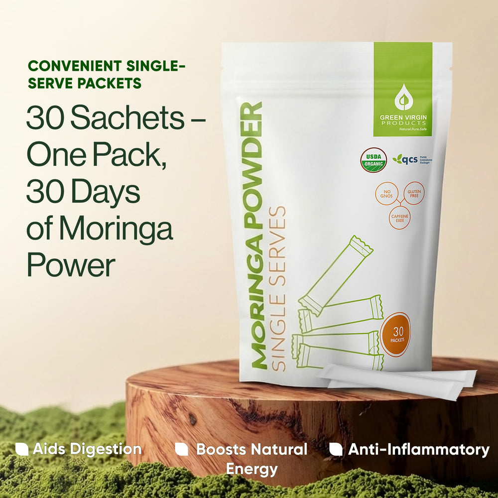 Green Virgin Moringa powder label shows USDA Organic certification and quality.