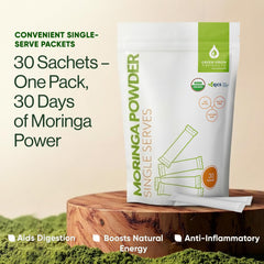 Green Virgin Moringa powder label shows USDA Organic certification and quality.