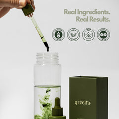 Greena GLOTOX drops being poured into water, illustrating easy daily use.