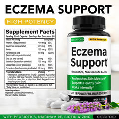 Greenford Eczema Support capsules close-up for easy intake and skin health support.
