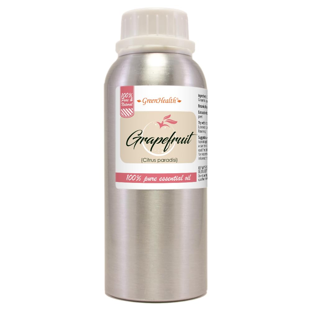 GreenHealth Grapefruit essential oil bottle, pure citrus aroma ideal for diffusing and massage.