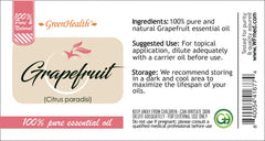 GreenHealth grapefruit oil label close-up, clear branding and ingredient transparency.