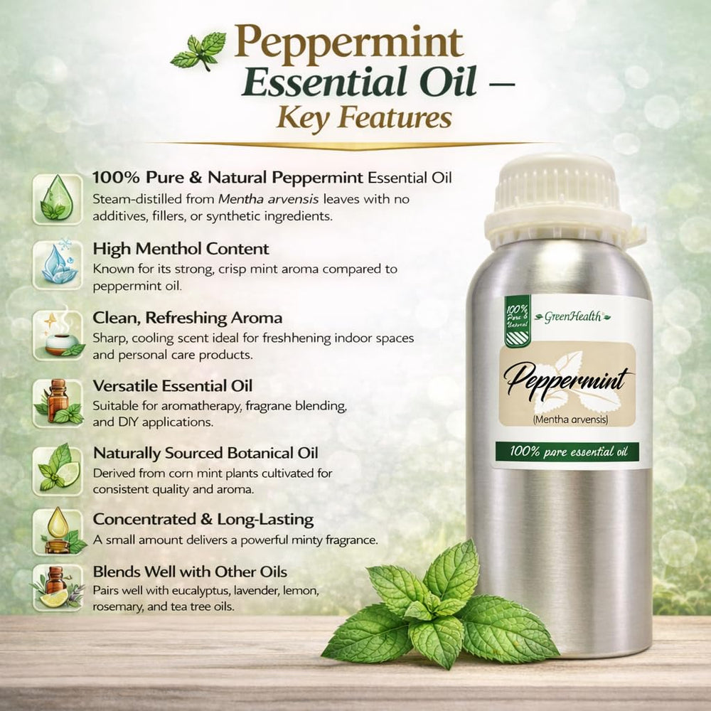 GreenHealth Peppermint Oil aluminum-bottle shows leak-resistant storage for travel.