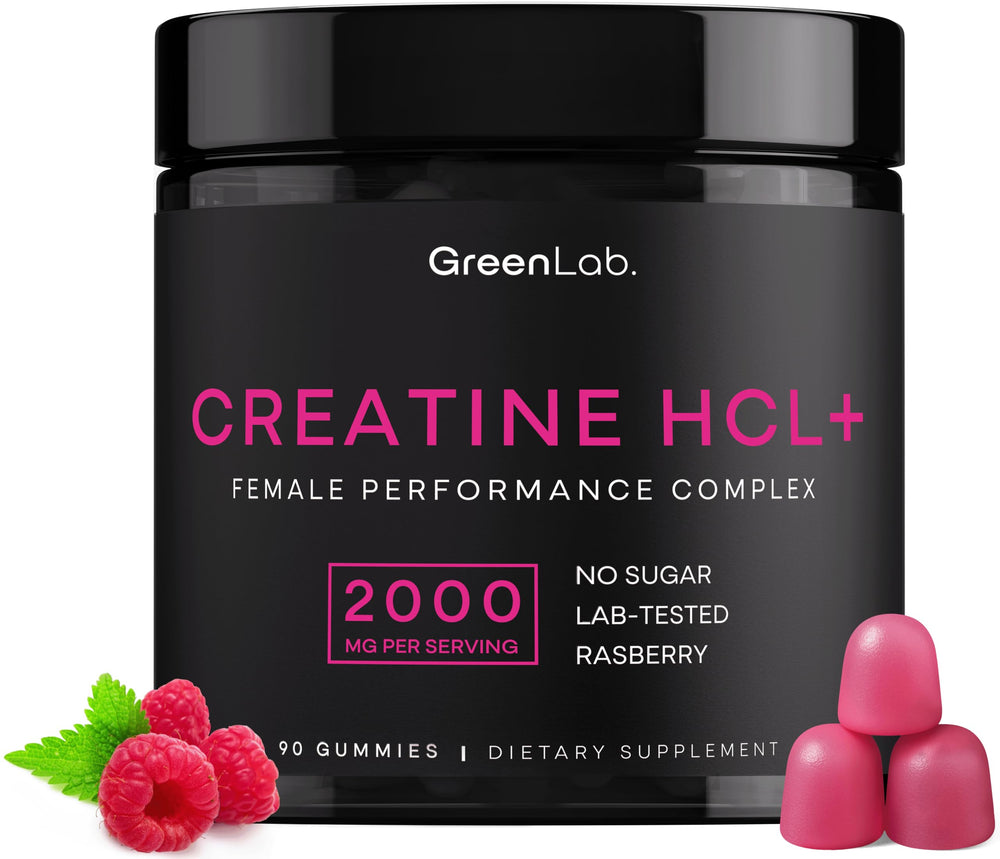 GreenLab Creatine HCL+ gummies for women in bottle front view, supports daily strength and endurance