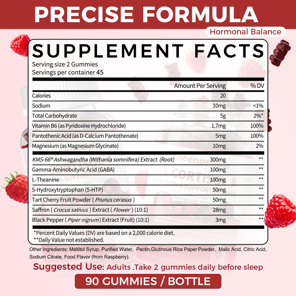 GREENPEOPLE Cortisol Gummies Raspberry night scene suggesting easier sleep onset