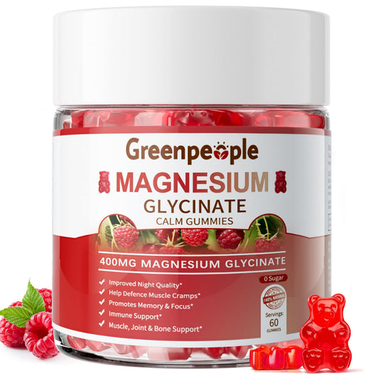 GreenPeople Magnesium Glycinate Gummies Raspberry bottle for daily calm support.