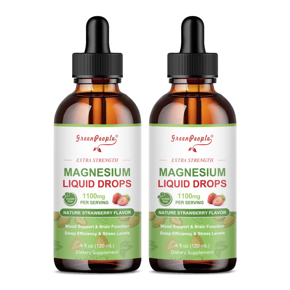 GreenPeople magnesium glycinate liquid drop bottle with strawberry flavor for easy daily use.