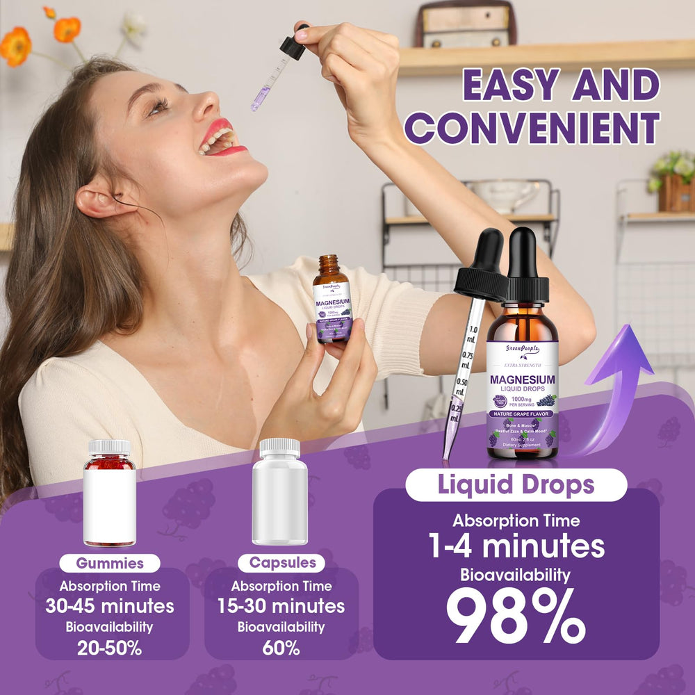 GREENPEOPLE Magnesium Glycinate Liquid Drops 2oz bottle close-up on grape flavor label.