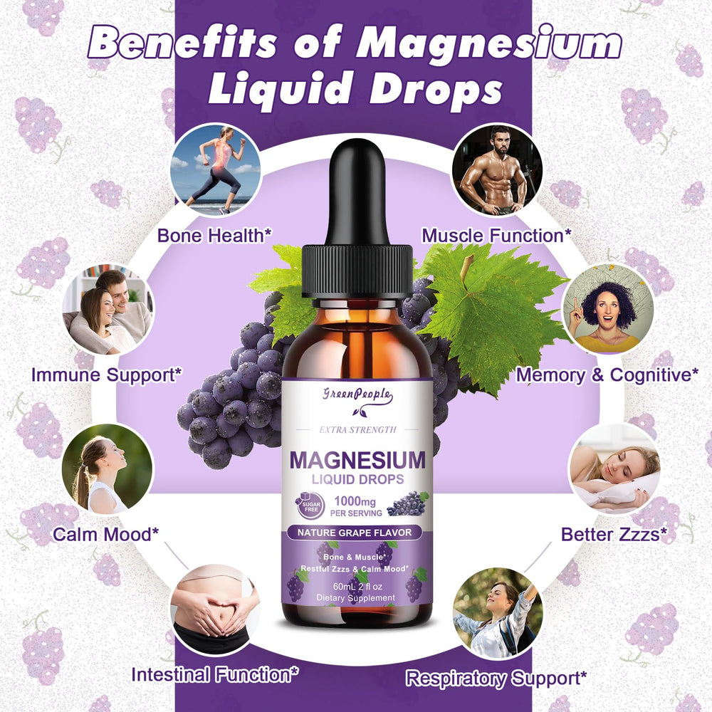 GREENPEOPLE Magnesium Glycinate Liquid Drops back label shows 5-in-1 benefits.