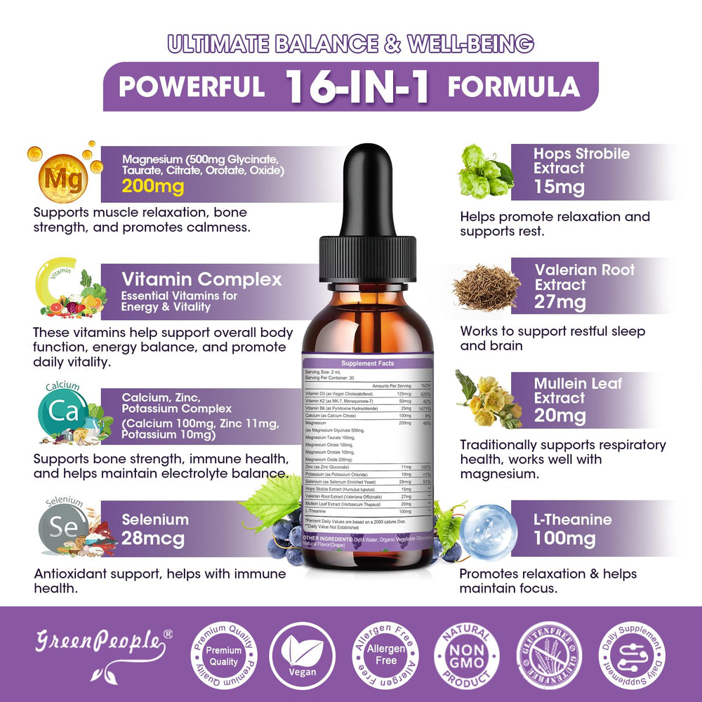 GREENPEOPLE Magnesium Glycinate Liquid Drops dropper with 2 ml bedtime serving for relaxation.