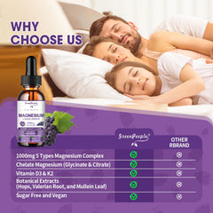 GREENPEOPLE Magnesium Glycinate Liquid Drops grape flavor bottle highlights sugar-free option.