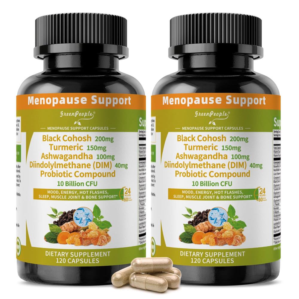 GreenPeople menopause capsules bottle front supports hormonal balance and daily comfort.